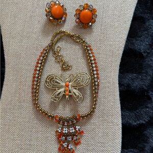 Vintage GoldTone Orange Butterfly Brooch & Orange Earrings & Rhinestone Necklace